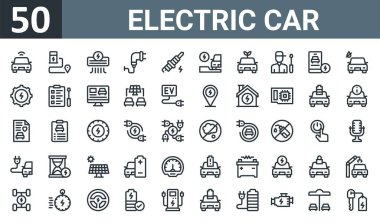 Akıllı araba, şarj istasyonu, ac, elektrik yükü, buji, elektrikli araba, rapor için vektör ince simgeler, sunum, diyagram, web tasarımı, mobil gibi 50 ana hatlı elektrikli araba simgesi