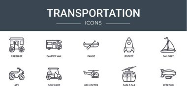 Rapor, sunum, diyagram, web tasarımı, mobil uygulama gibi 10 ana hatlı ağ taşıma simgesi, taşıyıcı, karavan, kano, roket, yelkenli, atv, golf arabası vektör simgeleri