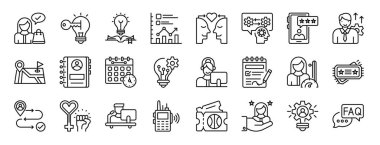 Rapor için, müşteri, anahtar performans göstergesi, bilgi tabanı, istatistikler, empati, tepkisel, müşteri deneyim vektör simgeleri gibi 24 ana hatlı web müşteri hizmetleri simgesi seti, sunum,