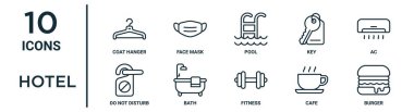 İnce çizgi elbise askısı, havuz, ac, banyo, kafe, burger gibi otel taslak ikonu seti rapor, sunum, diyagram, web tasarımı için simgeleri rahatsız etmeyin