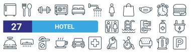 Buzdolabı, yemek, fitness, alışveriş, havuz, anahtar, web tasarımı için park vektör çizgisi simgeleri, mobil uygulama gibi 27 ana hatlı otel simgesi seti.