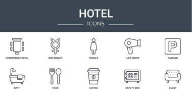 Konferans odası, ikili olmayan, kadın, saç kurutma makinesi, park yeri, banyo, rapor için gıda vektör simgeleri, sunum, diyagram, web tasarımı, mobil uygulama gibi 10 ana hatlı otel simgesi seti