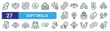 Yaratıcı, çatışma çözünürlüğü, yönetim, dürüstlük, çözüm, esneklik, dakiklik, web tasarımı için vektör ince çizgi simgeleri, mobil uygulama gibi 27 ana hatlı yumuşak beceri simgesi seti.