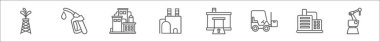 Endüstriyel hat simgelerinin ana hatları. Petrol platformu, yakıt hortumu, sanayi, petrol rafinerisi, depolama ünitesi, forklift, petrol rafinerisi, robotik kol kolu gibi doğrusal vektör simgeleri