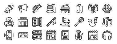 Rapor, sunum, diyagram, web tasarımı, mobil uygulama gibi 24 ana hatlı caz müzik ikonu, spot ışığı, megafon, kornet, ksilofon, piyano, yelek, conga vektör simgeleri
