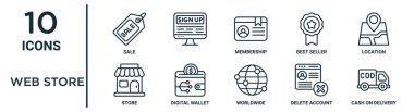 İnce satır satışı, üyelik, konum, dijital cüzdan, silme hesabı, teslimatta nakit, rapor için depolama simgeleri, sunum, diyagram, web tasarımı gibi web depolama simgesi seti
