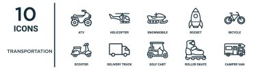 Rapor için ince çizgi atv, kar motosikleti, bisiklet, teslimat kamyonu, paten, karavan, scooter simgeleri, sunum, diyagram, web tasarımı gibi taşıma simgesi seti