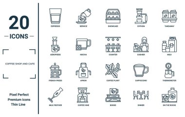coffee shop and cafe linear icon set. includes thin line espresso, aeropress, french press, milk frother, on the rocks, counter, thermometer icons for report, presentation, diagram, web design clipart