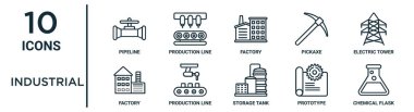 İnce hat boru hattı, fabrika, elektrik kulesi, üretim hattı, prototip, kimyasal matara, rapor için fabrika ikonları, sunum, diyagram, web tasarımı gibi sanayi tasarımı simgeleri