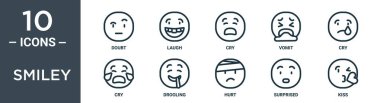 Smiley özet seti ince çizgi ikonu şüphe, kahkaha, kusma, ağlama, ağlama, rapor için salya akıtan ikonlar, sunum, diyagram, web tasarımı içerir