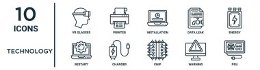 technology outline icon set such as thin line vr glasses, installation, energy, charger, warning, psu, restart icons for report, presentation, diagram, web design clipart