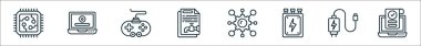 Teknoloji çizgisi simgelerinin ana hatları. çip, kurulum, oyun sahası, veri sızıntısı, eşyalar, enerji, şarj aleti, kayıt gibi doğrusal vektör simgeleri