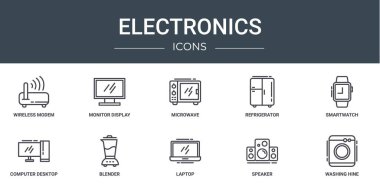 Kablosuz modem, monitör, mikrodalga, buzdolabı, akıllı sepet, bilgisayar masaüstü, rapor, sunum, diyagram, web gibi 10 ana hatlı web elektronik simgesi seti