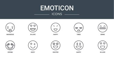 Rapor, sunum, diyagram, web tasarımı, mobil uygulama gibi 10 ana hatlı web simgesi seti: Mide bulandırıcı, aşık, mutlu, yorgun, gring, ağlayan, baş döndürücü vektör simgeleri