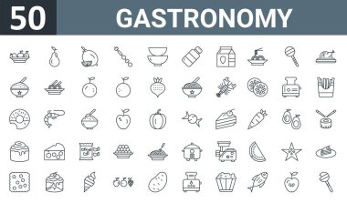 50 ana hatlı web gastronomi simgesi seti: Meyve, armut, limon, şiş, kase, tuz, süt kutusu vektörü Rapor için ince simgeler, sunum, diyagram, web tasarımı, mobil uygulama.