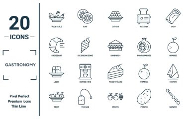 Gastronomi doğrusal simge kümesi. Rapor için ince çizgi sebze, kruvasan, jöle, meyve, şiş, sandviç, peçete simgeleri, sunum, diyagram, web tasarımı