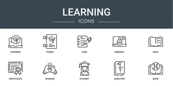 Conjunto Iconos Aprendizaje Web Esquema Como Aprendizaje Tesis Tomar Webinar — Archivo Imágenes Vectoriales