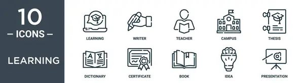 Набір Іконок Навчання Включає Себе Тонку Лінію Навчання Письменник Викладач — стоковий вектор
