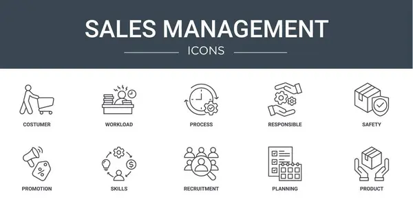 Set Outline Web Sales Management Icons Costumer Workload Process Responsible — Stock Vector