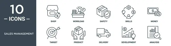 销售管理概要图标集包括细线商店 工作量 安全性 用于报告 网页设计的产品图标 — 图库矢量图片