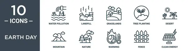 Toprak gün ana hatları ikonu seti ince çizgi su kirliliği, çöp sahası, çayırlık, ağaç dikme, çöl, dağ, rapor için doğa simgeleri, sunum, diyagram, web tasarımı