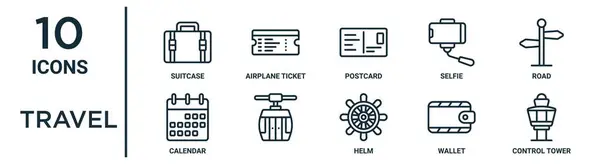 薄いライン スーツケース ポストカード コントロール タワー レポート プレゼンテーション Web デザインのためのカレンダー アイコンのような旅行の輪郭のアイコンセット — ストックベクタ