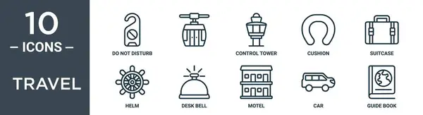 旅行の輪郭のアイコン セットは薄いラインを妨げません 制御タワー クッション スーツケース ヘルム レポート プレゼンテーション Webデザインのための机の鐘のアイコンを含んでいます — ストックベクタ