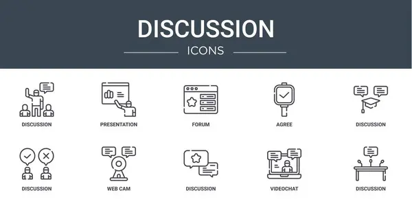 Conjunto Iconos Discusión Web Esquema Tales Como Discusión Presentación Foro — Archivo Imágenes Vectoriales