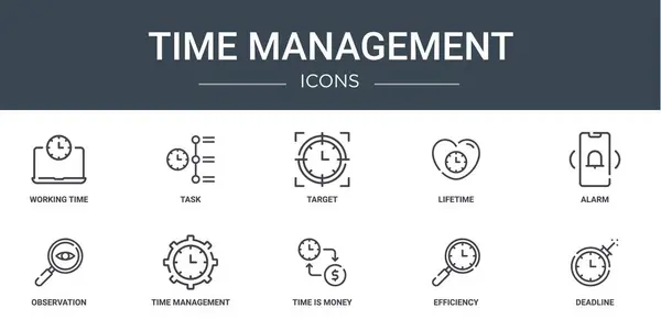 Conjunto Iconos Gestión Tiempo Web Esquema Tales Como Tiempo Trabajo — Archivo Imágenes Vectoriales