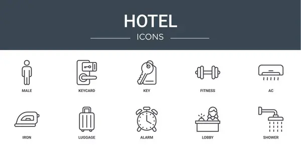 Sada Osnovy Webové Hotelové Ikony Jako Muž Keycard Klíč Fitness — Stockový vektor