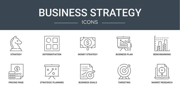 набор из 10 набросков иконок веб-стратегии бизнеса, таких как стратегия, дифференциация, денежная стратегия, бизнес-план, бенчмаркинг, страница ценообразования, векторные значки стратегического планирования для отчета, презентация,