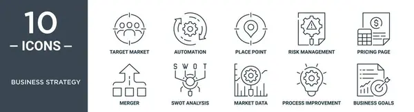 Набір Піктограм Бізнес Стратегії Включає Себе Тонкий Ринок Автоматизацію Точку — стоковий вектор