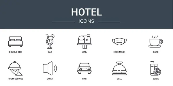 Çift yatak, bar, posta, yüz maskesi, kafe, oda servisi, rapor için sessiz vektör simgeleri, sunum, diyagram, web tasarımı, mobil uygulama gibi 10 ana hatlı otel simgesi seti