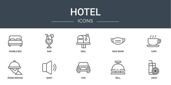 set of 10 outline web hotel icons such as double bed, bar, mail, face mask, cafe, room service, quiet vector icons for report, presentation, diagram, web design, mobile app