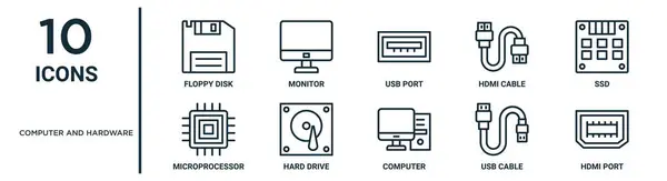 Computador Hardware Esboço Ícone Definido Como Disquete Linha Fina Disco — Vetor de Stock