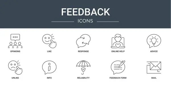Rapor, sunum, diyagram, web tasarımı, mobil uygulama için bilgi vektör simgelerinin aksine, yanıt, çevrimiçi yardım, tavsiye gibi 10 ana hatlı web geribildirim simgesi seti