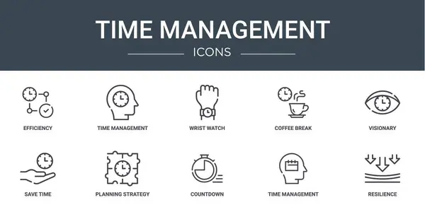 一组10个网站时间管理图标 如效率 时间管理 咖啡休息时间 远见卓识 节省时间 图表的规划策略向量图标 — 图库矢量图片