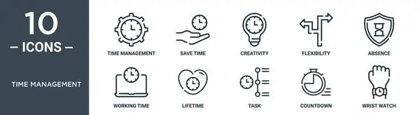 时间管理大纲图标集包括细线时间管理 节省时间 创造力 灵活性 工作寿命图标用于报告 网页设计 — 图库矢量图片