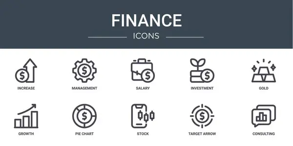Uppsättning Konturer Webb Finans Ikoner Såsom Ökning Förvaltning Lön Investeringar — Stock vektor