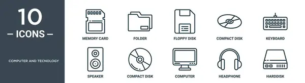 Σύνολο Εικονιδίων Περιγραμμάτων Υπολογιστών Και Τεχνολογίας Περιλαμβάνει Την Κάρτα Μνήμης — Διανυσματικό Αρχείο
