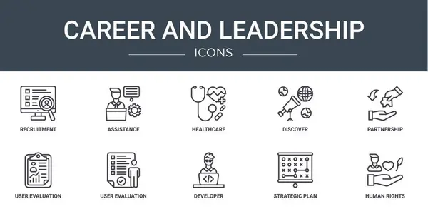 stock vector set of 10 outline web career and leadership icons such as recruitment, assistance, healthcare, discover, partnership, user evaluation, user evaluation vector icons for report, presentation, diagram,