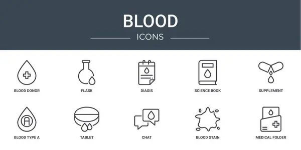 Σύνολο Εικονίδια Περιγράμματος Web Αίματος Όπως Αιμοδότης Φιάλη Διαγώνιες Βιβλίο — Διανυσματικό Αρχείο