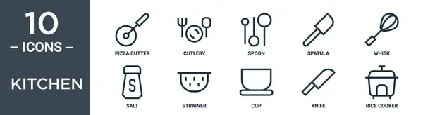 Набір Іконок Кухонного Контуру Включає Тонку Лінію Різання Піци Столові — стоковий вектор