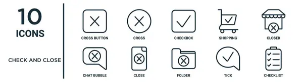 Check Close Outline Icon Set Thin Line Cross Button Checkbox — Archivo Imágenes Vectoriales