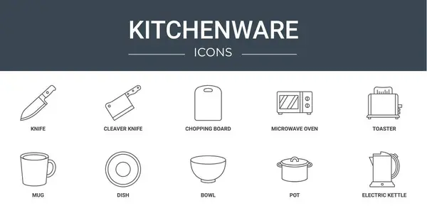 Σύνολο Περίγραμμα Web Kitchenware Εικονίδια Όπως Μαχαίρι Μαχαίρι Μπαλτά Ξύλο — Διανυσματικό Αρχείο