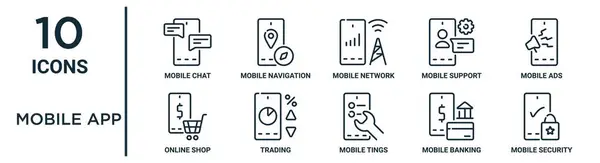 Mobiele App Outline Icoon Set Zoals Dunne Lijn Mobiele Chat — Stockvector