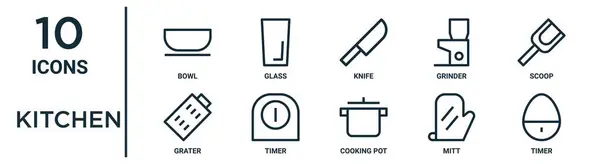 Σύνολο Εικονίδιο Περίγραμμα Κουζίνας Όπως Λεπτή Γραμμή Μπολ Μαχαίρι Σέσουλα — Διανυσματικό Αρχείο