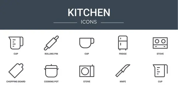 Σύνολο Περίγραμμα Εικονίδια Web Κουζίνα Όπως Κύπελλο Πλάστης Κύπελλο Ψυγείο — Διανυσματικό Αρχείο