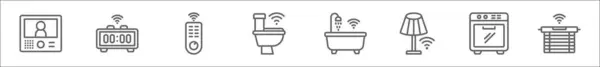 スマートホームラインアイコンの概要セット インターコム リモート トイレ シャワー ランプ ストーブ 窓のような線形ベクトル アイコン — ストックベクタ
