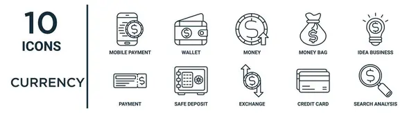 通貨のアウトライン アイコン セットのような薄いラインの移動式支払 アイデア ビジネス 安全な沈殿物 クレジット カード 調査分析 レポートのための支払のアイコン — ストックベクタ